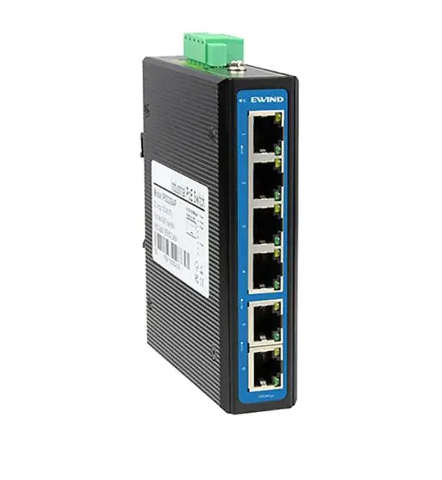 Switch Ethernet industrial com múltiplas portas RJ45 para automação industrial e conexão de redes confiáveis.