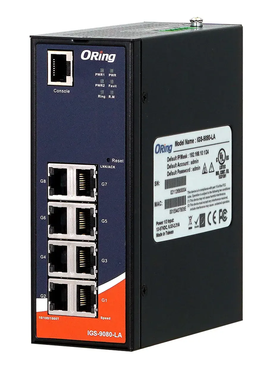 Controlador Ethernet para automação industrial, modelo IGS-9080-LA, compatível com redes industriais, com diversas portas Gigabit Ethernet, ideal para sistemas de automação e monitoramento.