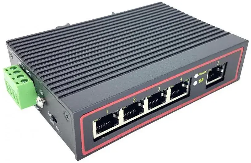 Switch industrial Ethernet com cinco portas RJ45 para automação industrial eficiente e confiável. Ideal para controle e comunicação em ambientes de automação.