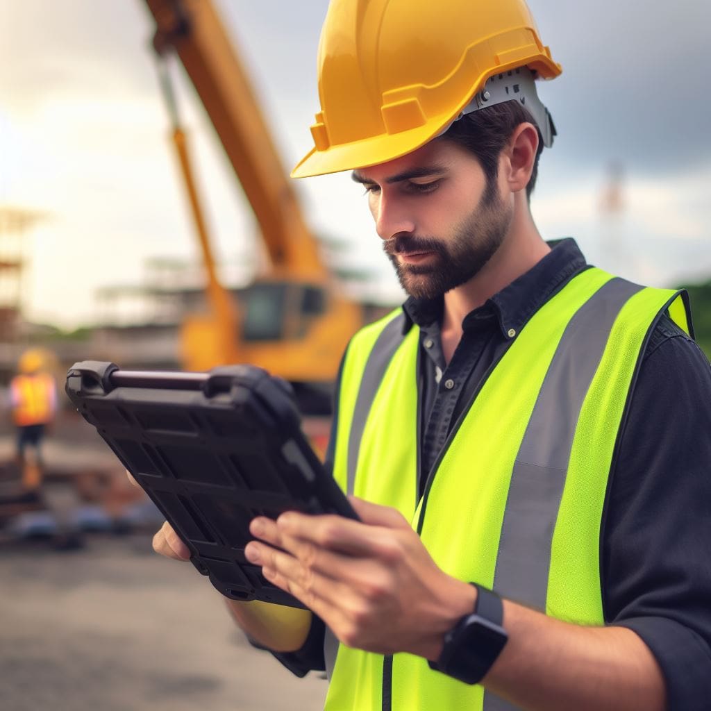 Tecnólogo verificando projeto em tablet na obra de construção com capa protetora, vestindo capacete de segurança e colete refletivo, focado na automação industrial.
