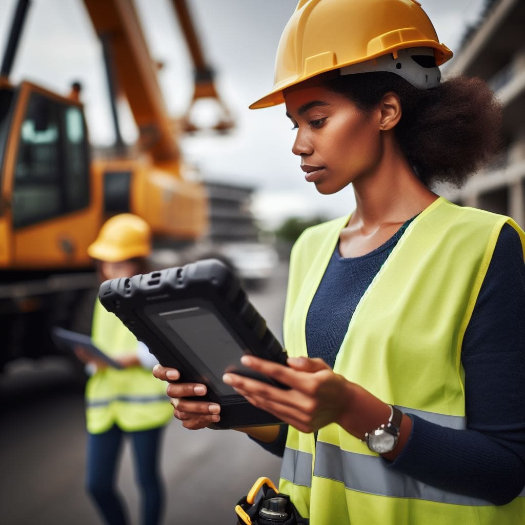 Monitoramento de automação industrial em obras de construção civil com tecnologia avançada. Duas profissionais verificando dados usando tablets em um canteiro de obras com máquinas pesadas ao fundo.