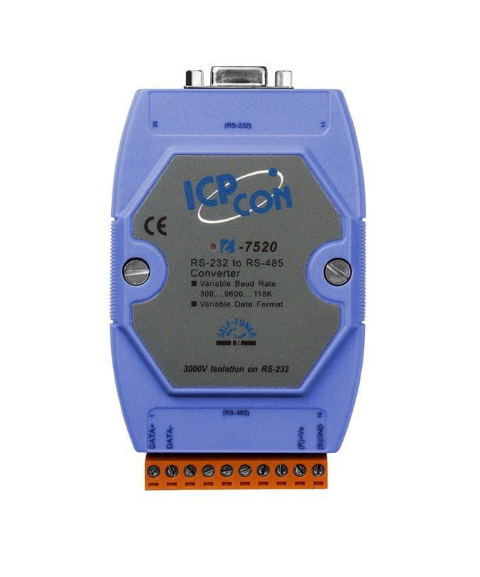 Converte RS-232 para RS-485, dispositivo de automação industrial para comunicação confiável entre sensores e controladores.