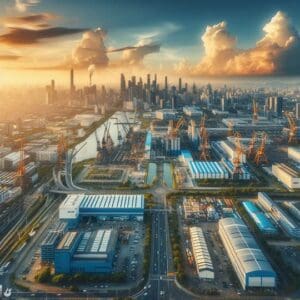 Controles e automação industrial em uma cidade moderna com fábricas e infraestrutura avançada, destacando tecnologia de automação para produção industrial eficiente.