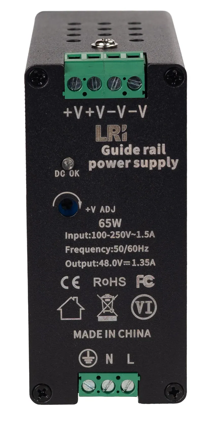 1. Módulo de alimentação para trilho guia de automação industrial com entrada de 100-250V e saída de 48V, compatível com padrões de automação industrial.
