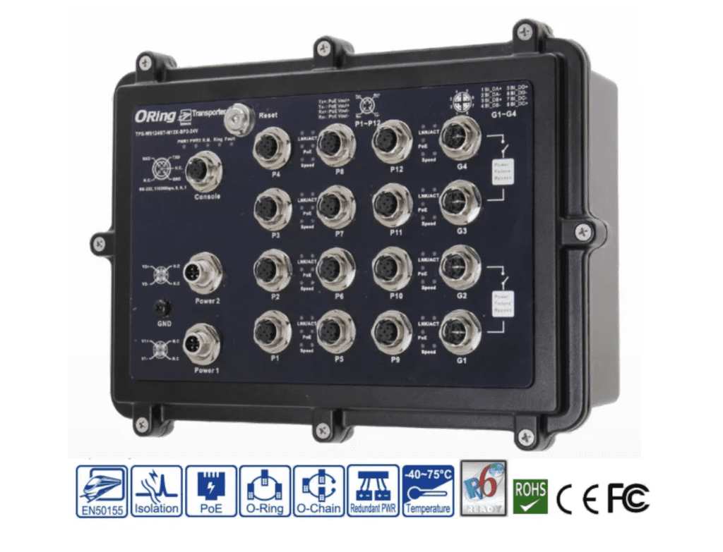 Treinamento em Automação Industrial e seus Desafios 1 TPS-W9124GT-M12X-BP2-24V-IP54 SWITCH ETHERNET GERENCIÁVEL EN50155 12FE PoE E 4GE, 2xBYPASS, IEEE 802.3af/at, IP54, 24VDC