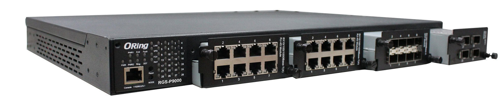 1. Racks de automação industrial com conectores Ethernet e módulos de controle para sistemas de automação industrial.