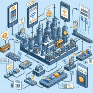 Servidores, sensores e controles industriais em uma configuração de automação industrial moderna. Tecnologia IoT e integração para otimizar processos de manufatura e aumentar eficiência.