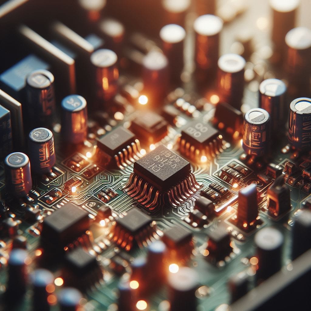 Circuito eletrônico de automação industrial, componentes e microchips usados em sistemas de controle e automação industrial. Tecnologia avançada para otimizar processos industriais.