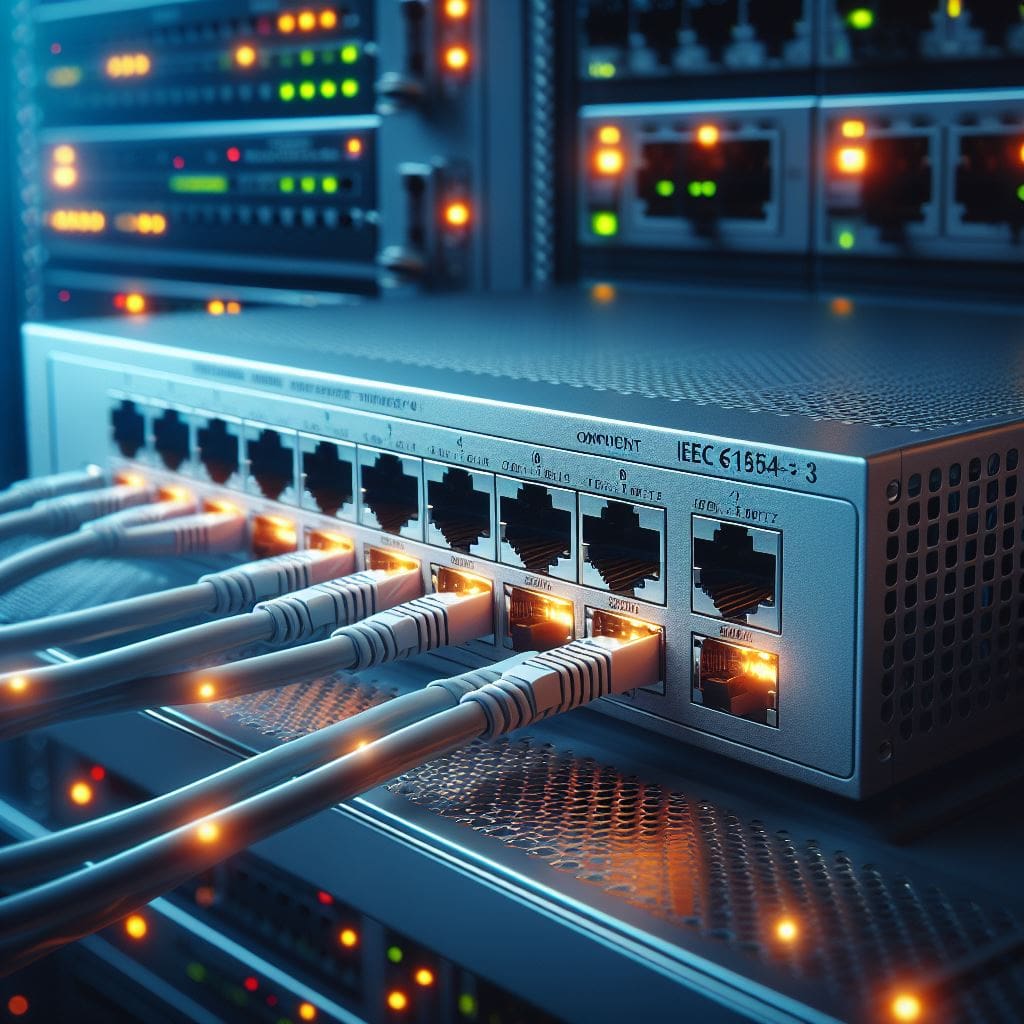 Switches de rede Ethernet conectando servidores em ambiente de automação industrial.