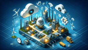 Central de automação industrial com enxame de dispositivos conectados, incluindo sensores, painéis, torres de comunicação e energias renováveis, promovendo eficiência e inovação no setor.