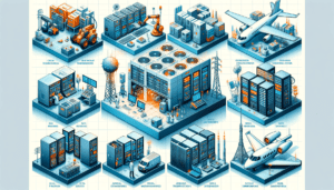 Servidor de dados, automação industrial, robótica, sistemas de controle e tecnologia de ponta, integrando fábricas inteligentes, centros de dados e automação para eficiência e inovação na indústria.