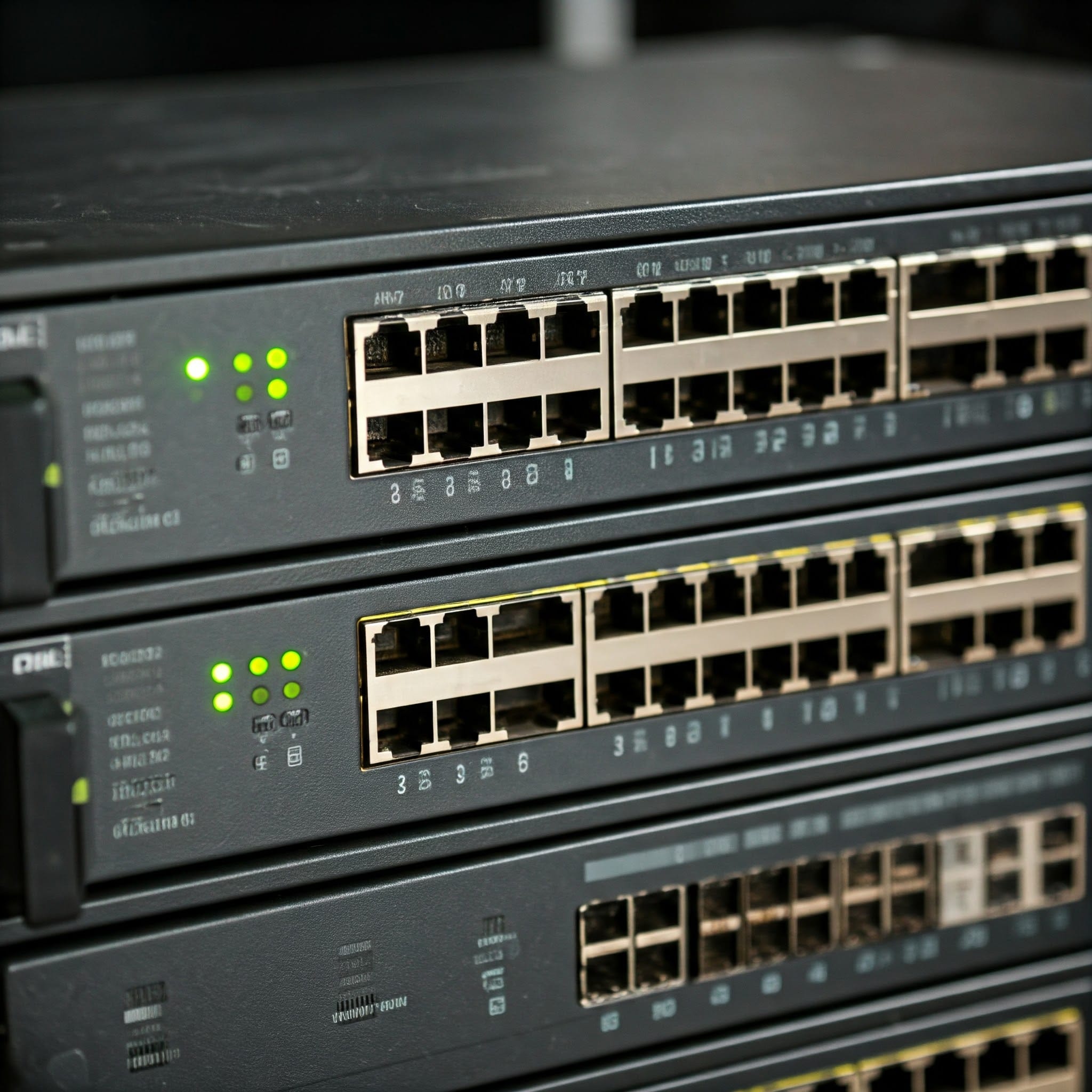 Conjunto de switches de rede utilizados em automação industrial para conexão de equipamentos eletrônicos e controle de sistemas automatizados.