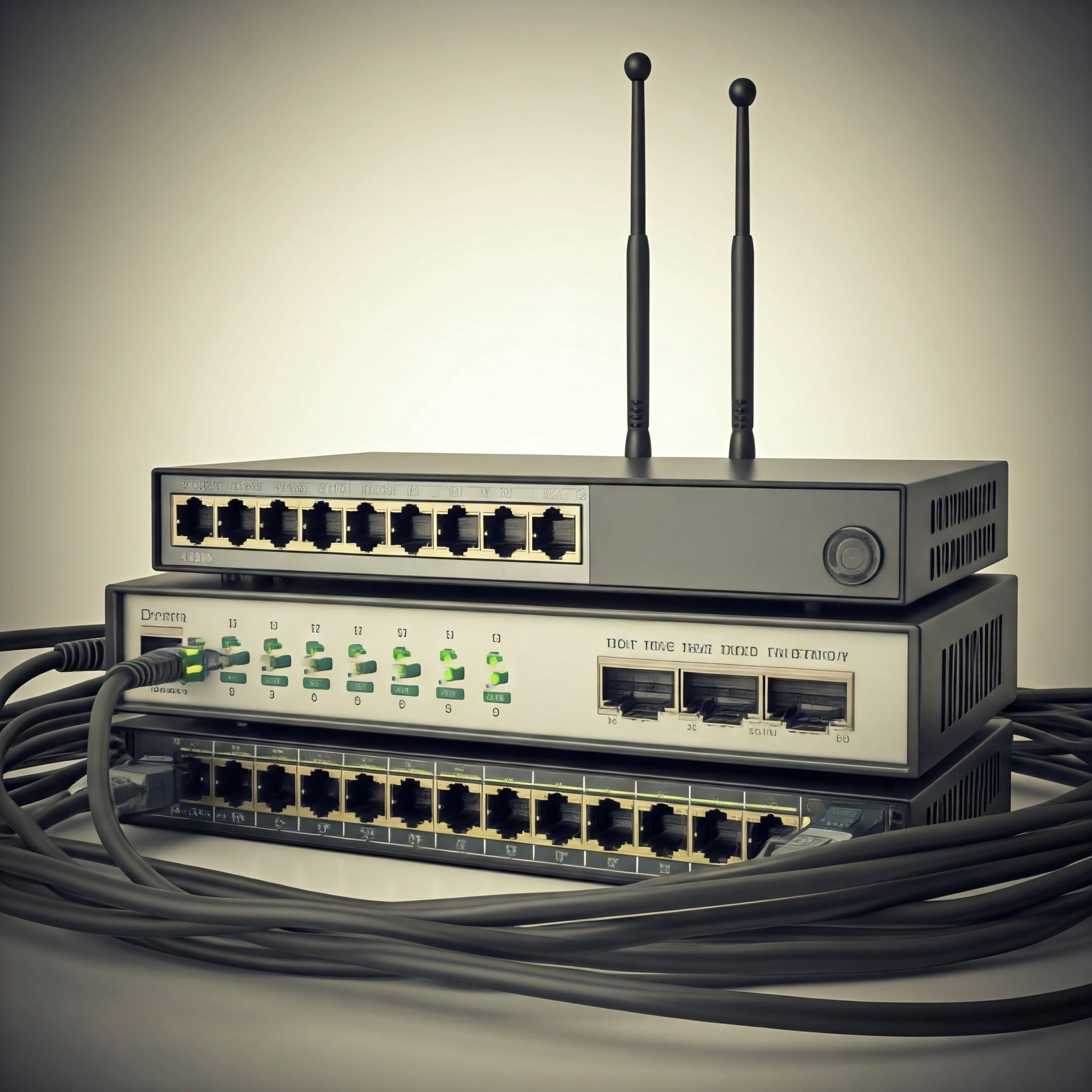 Switches e cabeamento de rede para automação industrial em sistemas de controle e comunicação.