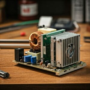 Componentes de automação industrial montados em uma placa de circuito eletrônico para sistemas de controle e automação inteligente.