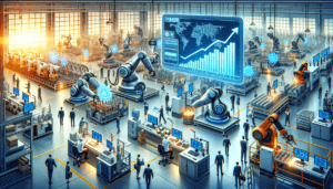 Robôs industriais automatizando uma fábrica moderna com tecnologia de ponta, painéis de controle digitais e gráficos de crescimento, exemplificando inovação na automação industrial.