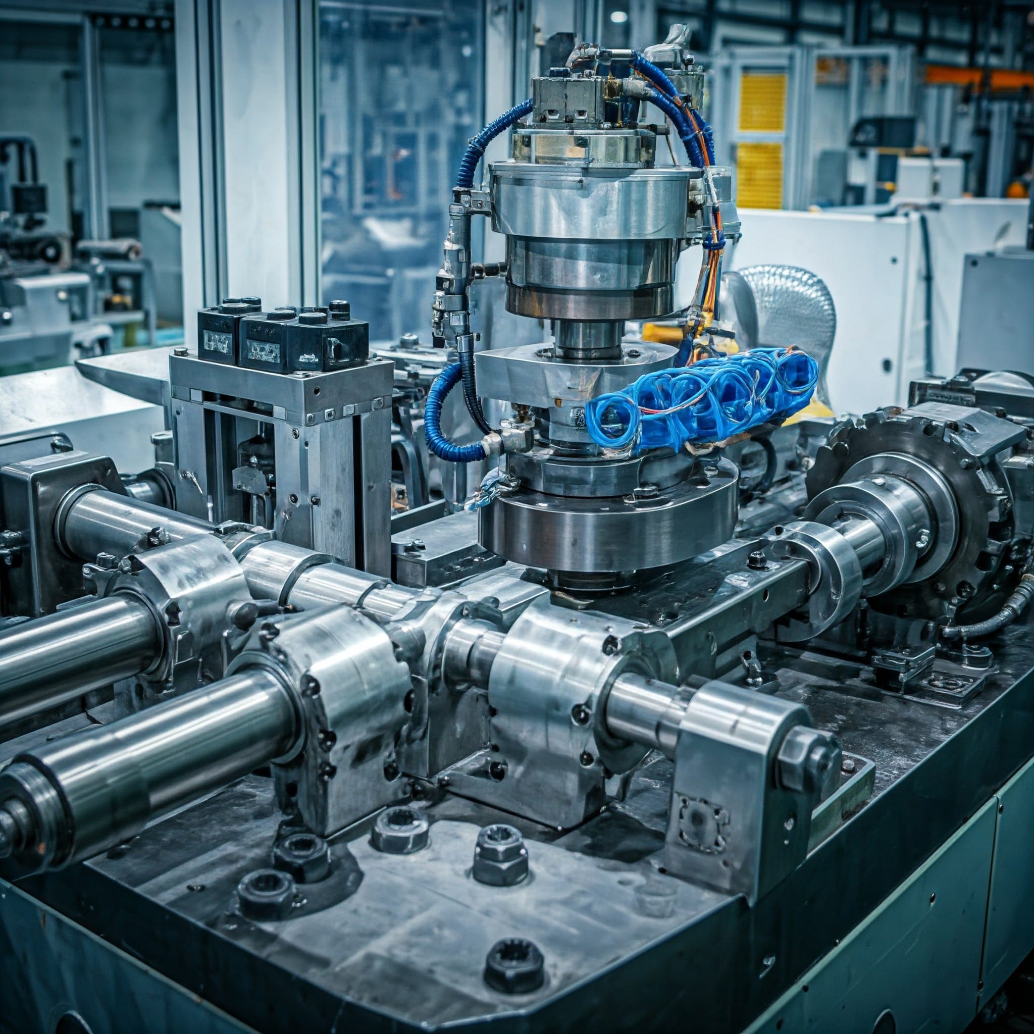 Maquinário de automação industrial utilizado na fabricação de componentes, destacando o avanço tecnológico e a eficiência na indústria 4.0.