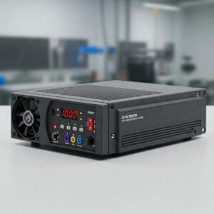 Inversor de corrente contínua para automação industrial com display digital e controle de saída.