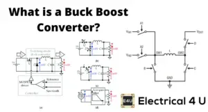Diagrama ilustrando o funcionamento de um conversor DC/DC tipo Buck-Boost, destacando componentes como transistores, indutores e diodos, essencial para automação industrial.