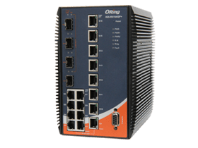 Switch industrial TSN Oring IGS-RX164GP+ montado em trilho DIN, com múltiplas portas Ethernet Gigabit, LEDs indicadores acesos e design robusto para aplicações industriais de tempo real.
