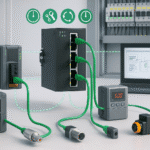 Rede PROFINET industrial com switch Ethernet em trilho DIN, CLP, sensores, IHM, inversor de frequência e computador de supervisão, todos interligados por cabos verdes em ambiente industrial moderno.