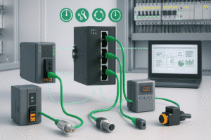 Rede PROFINET industrial com switch Ethernet em trilho DIN, CLP, sensores, IHM, inversor de frequência e computador de supervisão, todos interligados por cabos verdes em ambiente industrial moderno.