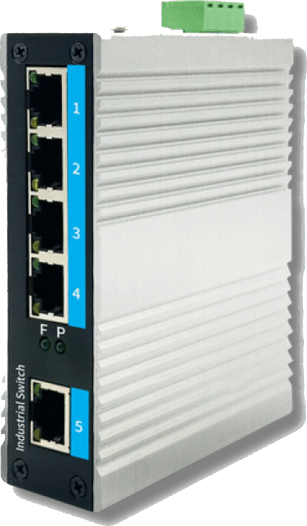 Switch industrial com portas Ethernet e conexões USB, ideal para automação industrial e sistemas de controle de alta performance.