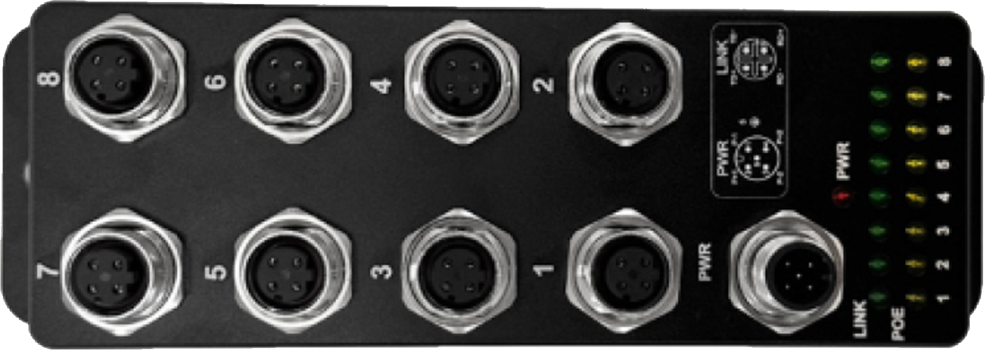Conector de entrada e saída para automação industrial com múltiplas portas digitais e LEDs indicativos, utilizado em sistemas de controle e automação de processos industriais.