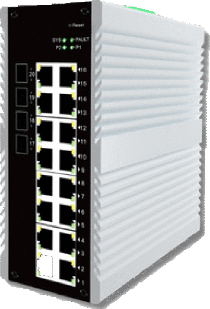 Switch de automação industrial com múltiplas conexões Ethernet e indicadores LED de status, ideal para aumentar a eficiência e segurança em sistemas automatizados de manufatura.