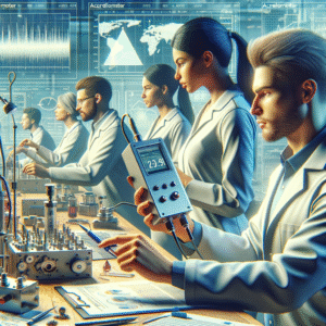 Home Membros da equipe de engenharia tecnológica trabalhando com automação industrial, utilizando instrumentos de alta precisão em laboratório de tecnologia avançada.