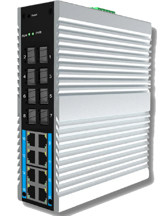 Switch de automação industrial com múltiplas conexões Ethernet, ideal para controle e automação de processos industriais.