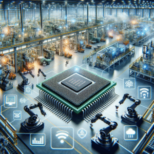 Home Processador de controle industrial em fábrica automatizada com robôs e sensores IoT, representando automação, Internet das Coisas e tecnologia para indústrias inteligentes.