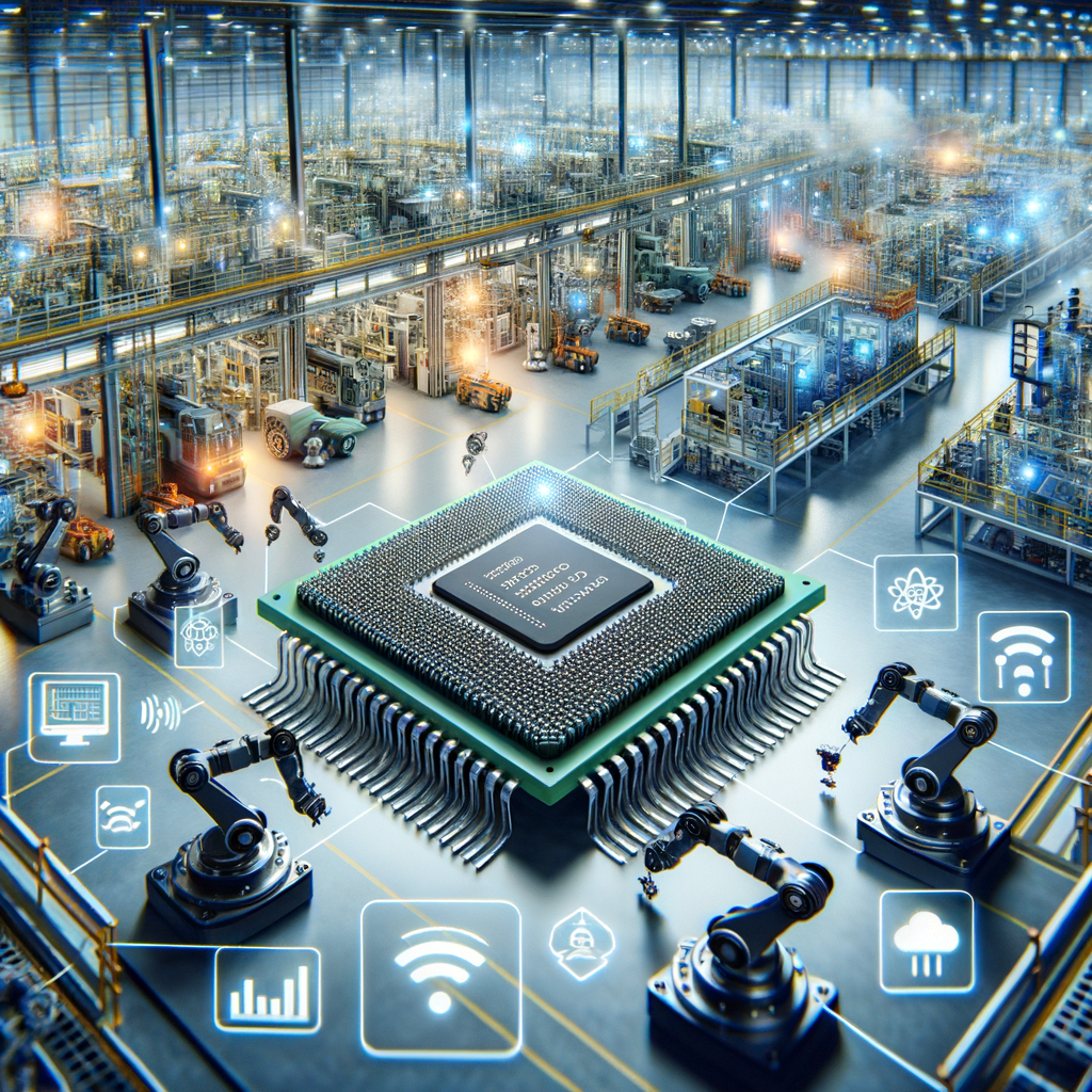 Processador de controle industrial em fábrica automatizada com robôs e sensores IoT, representando automação, Internet das Coisas e tecnologia para indústrias inteligentes.