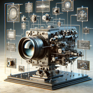 Home Câmera de alta tecnologia integrada com componentes de automação industrial e gráficos digitais exibidos ao redor, representando inovação e digitalização na automação industrial.