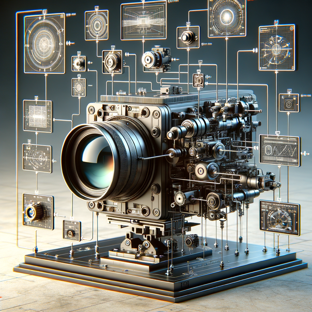 Câmera de alta tecnologia integrada com componentes de automação industrial e gráficos digitais exibidos ao redor, representando inovação e digitalização na automação industrial.