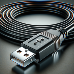 Fio USB com conector metálico e cabo trançado preto, símbolo de tecnologia e inovação em automação industrial.