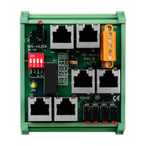 1. Placa de automação industrial com conectores Ethernet, alimentação e relés para controle e supervisão de processos industriais.