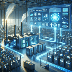 Sistemas de automação industrial e internet das coisas (IoT) em usina de energia, destacando integração de tecnologia, eficiência e inovação na manufatura.