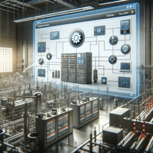 Controle de automação industrial em sistema de fábrica inteligente com painéis e dispositivos conectados.