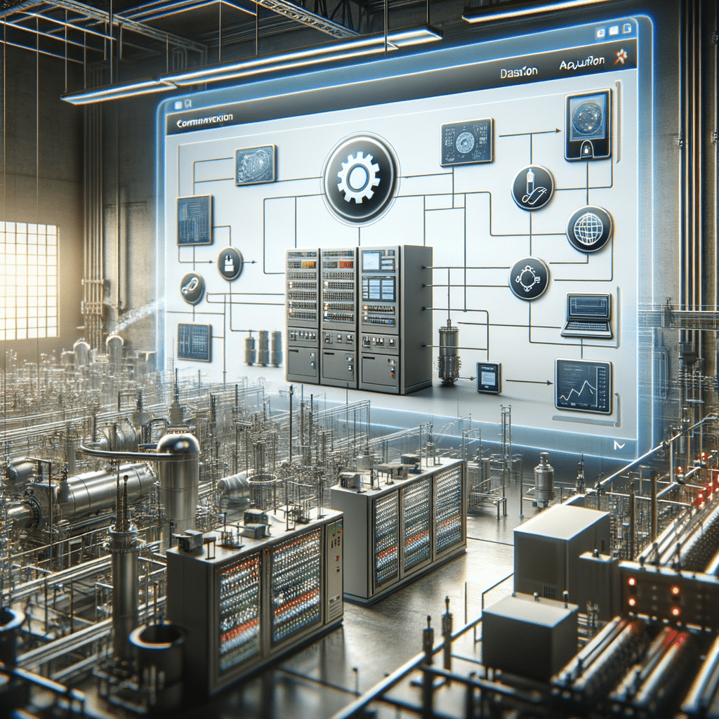 Controle de automação industrial em sistema de fábrica inteligente com painéis e dispositivos conectados.