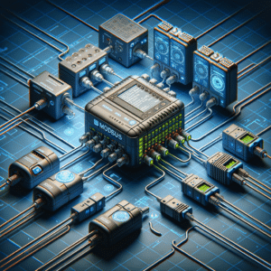 1. Sistemas de automação industrial com controladores programáveis, sensores e atuadores conectados para otimizar processos de manufatura.