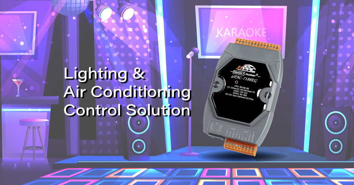 Dispositivo de controle de iluminação e ar condicionado em ambiente de evento musical, com palco iluminado, sistema de som e tela de karaokê ao fundo.