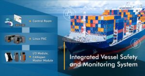 Imagem de sistema de automação industrial marítima com controle de sala, PAC Linux e módulos I/O para monitoramento de embarcações.
