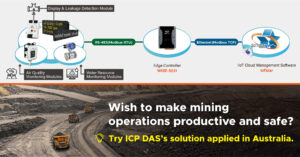 Diagrama de sistema de automação industrial para mineração, incluindo módulos de monitoramento de qualidade do ar, recursos hídricos e detecção de vazamentos, usando RTU RS-485 e controle de rede Ethe.