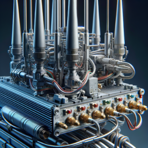 Sistema de automação industrial com componentes eletrônicos, sensores e atuadores, destacando a tecnologia de automação para processos industriais eficientes e integrados.