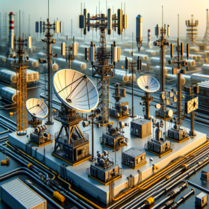 Antenas e equipamentos de comunicação industrial em uma instalação de automação, destacando a infraestrutura de telecomunicações para automação industrial eficiente.