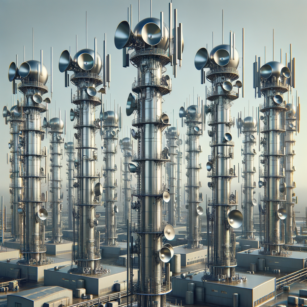 Torres de comunicação metálicas com antenas e equipamentos de automação industrial.