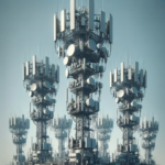 Torres de comunicação com antenas de transmissão, essenciais para automação industrial e conectividade.