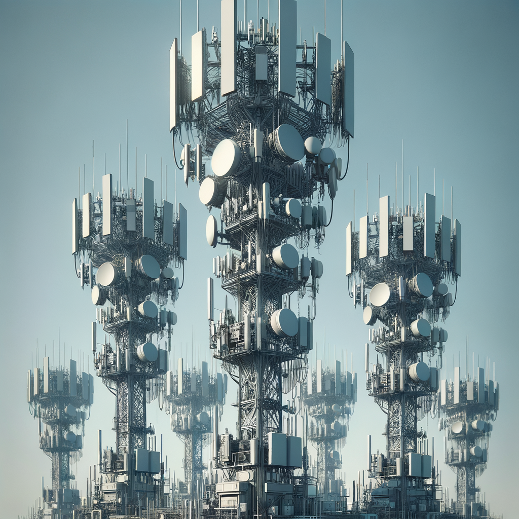 Torres de comunicação com antenas de transmissão, essenciais para automação industrial e conectividade.