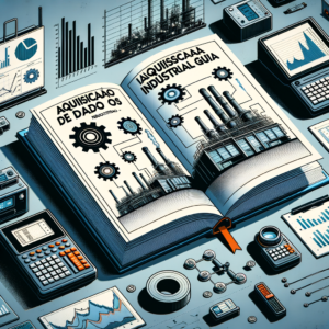 Ilustração de um guia de automação industrial com gráficos, dispositivos eletrônicos e livros sobre dados e automação, destacando tecnologia e inovação industrial.