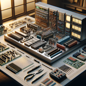 Placa de circuito eletrônico detalhada, utilizada em automação industrial, com componentes como resistores, capacitores e chips, destacando a tecnologia avançada.